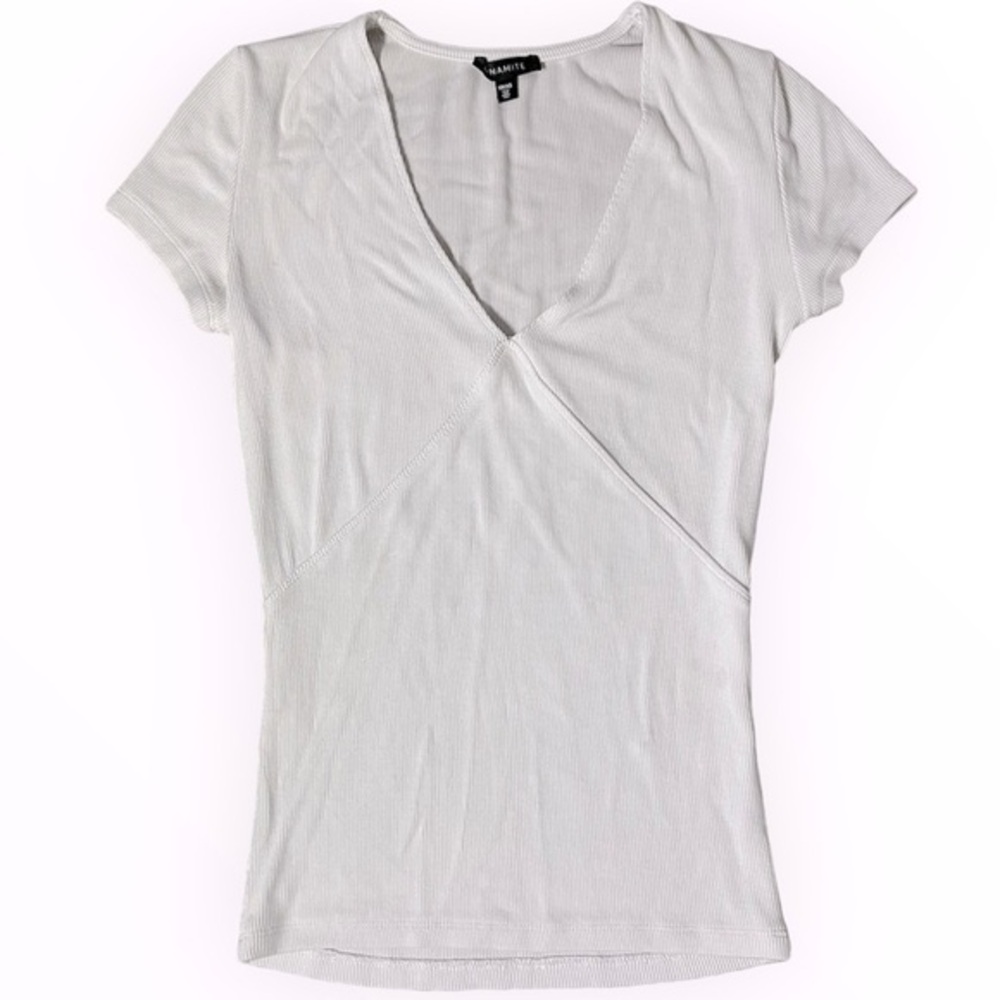 Dynamite White Ribbed V Neck Fitted T Shirt Short Sleeve XS